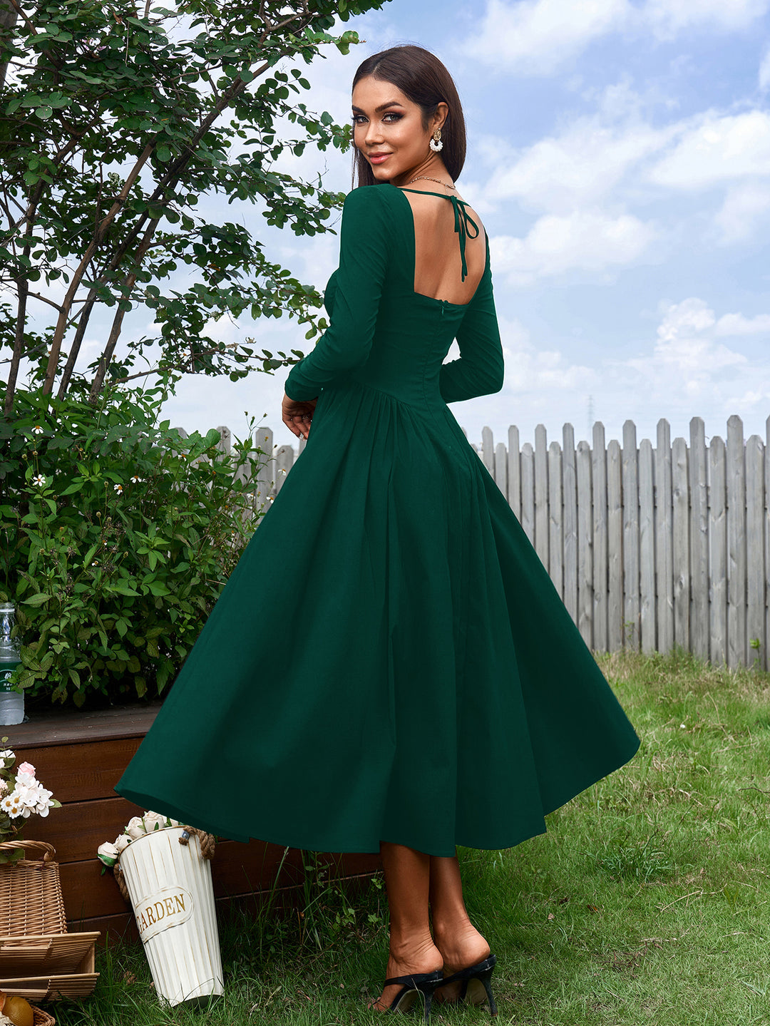 tie back long sleeve a-line dress#color_green