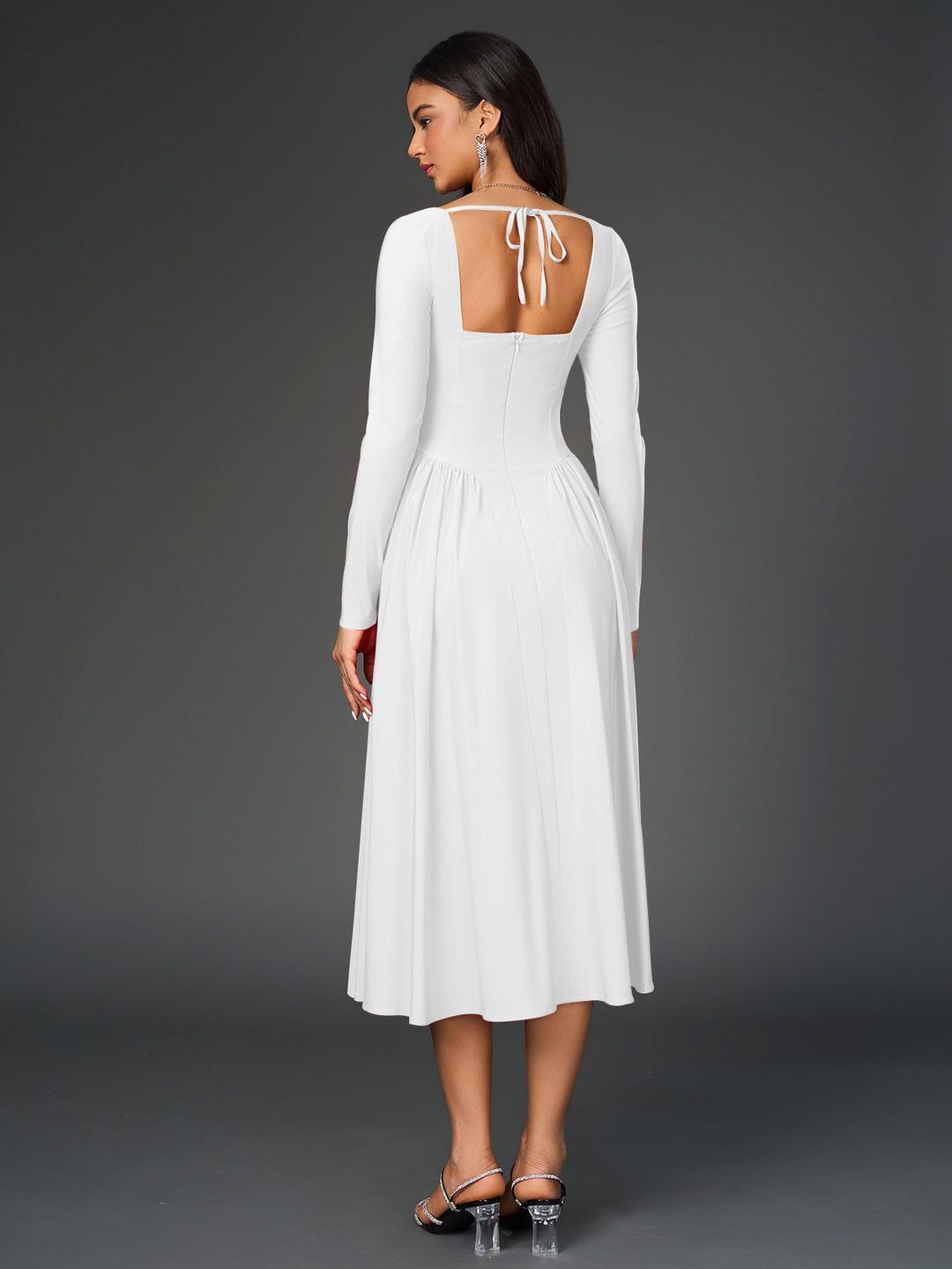 tie back long sleeve a-line dress#color-white