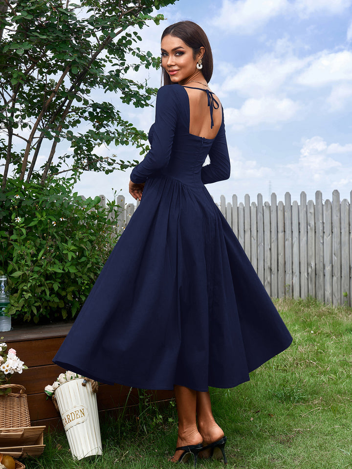 tie back long sleeve a-line dress#color_darkblue