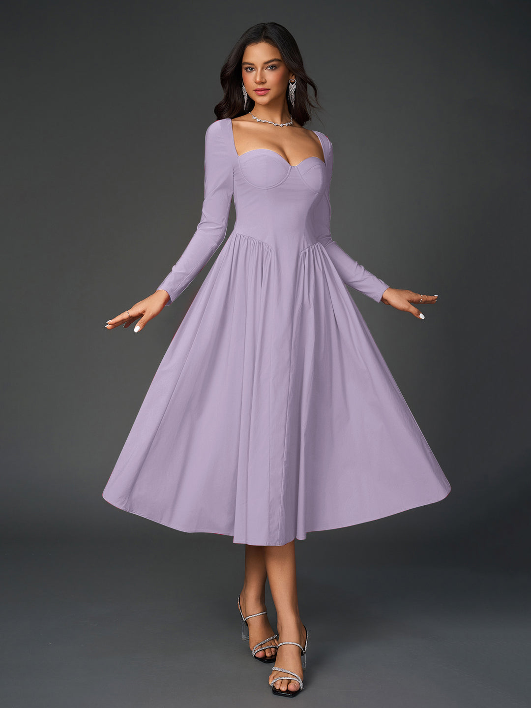 tie back a-line long sleeve dress#color_lilac