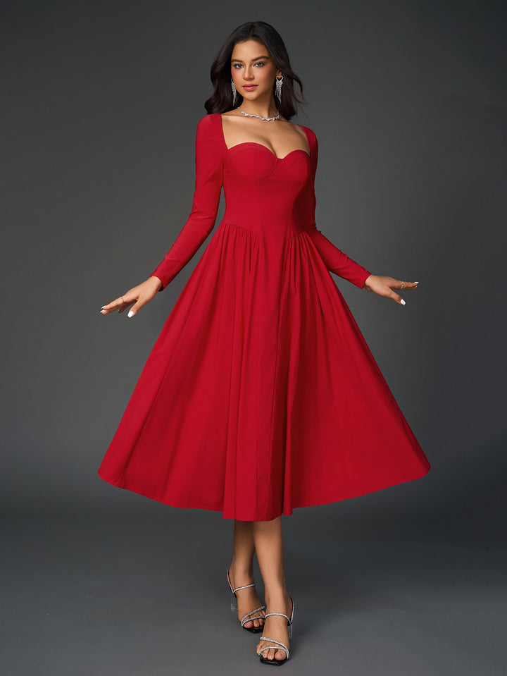 tie back a-line long sleeve dress#color_red