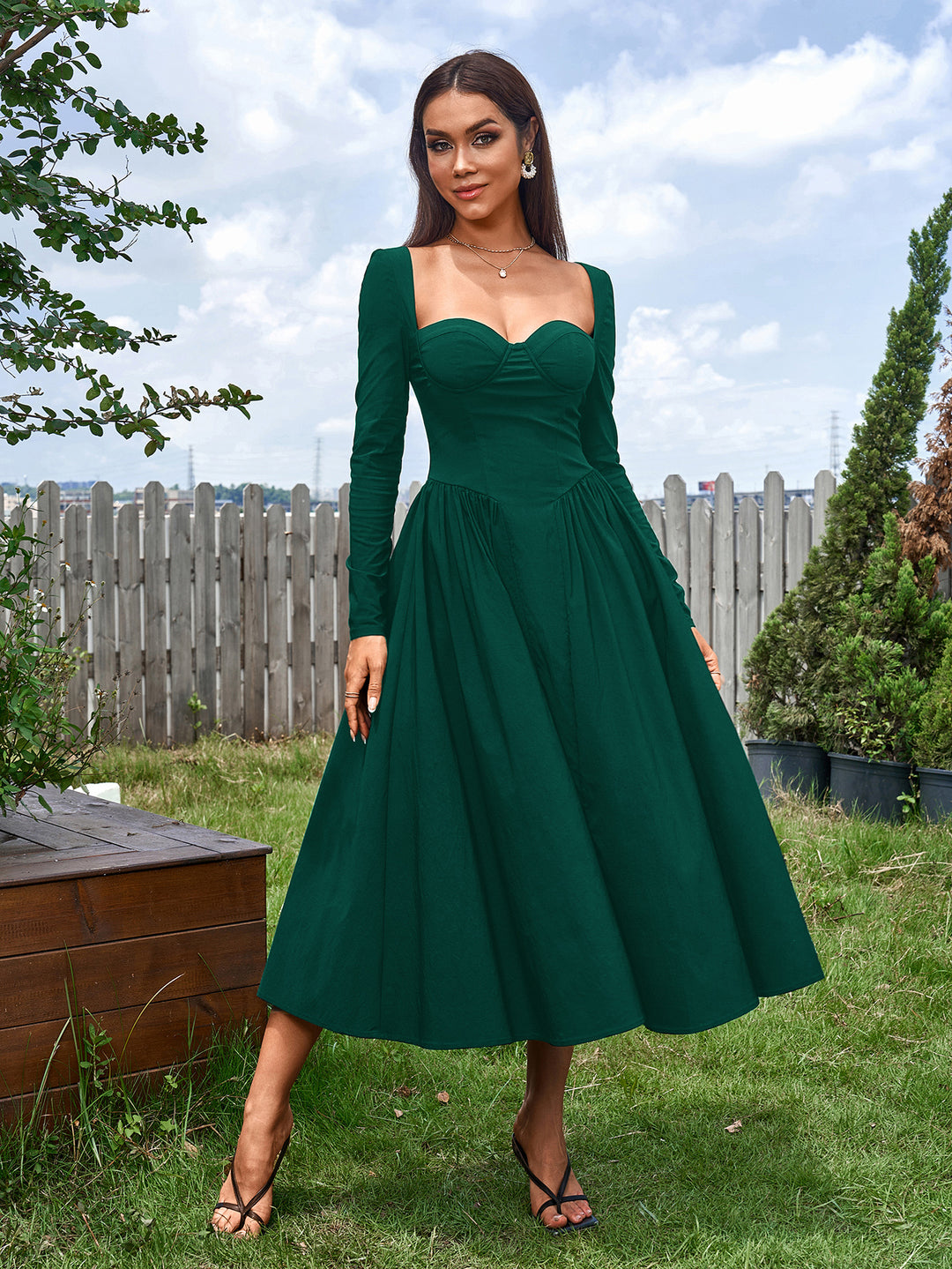 tie back a-line long sleeve dress#color_green