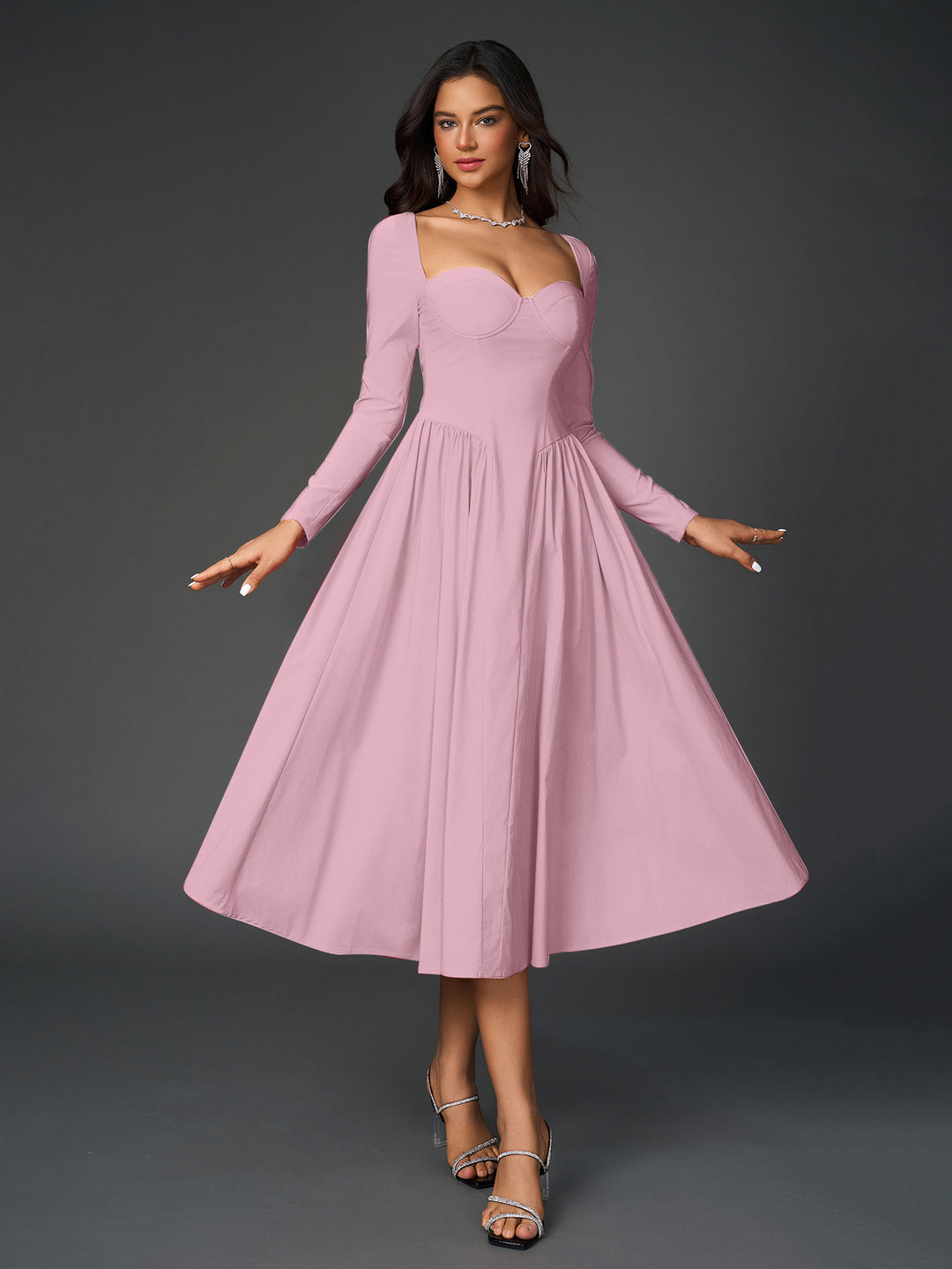 tie back a-line long sleeve dress#color_pink