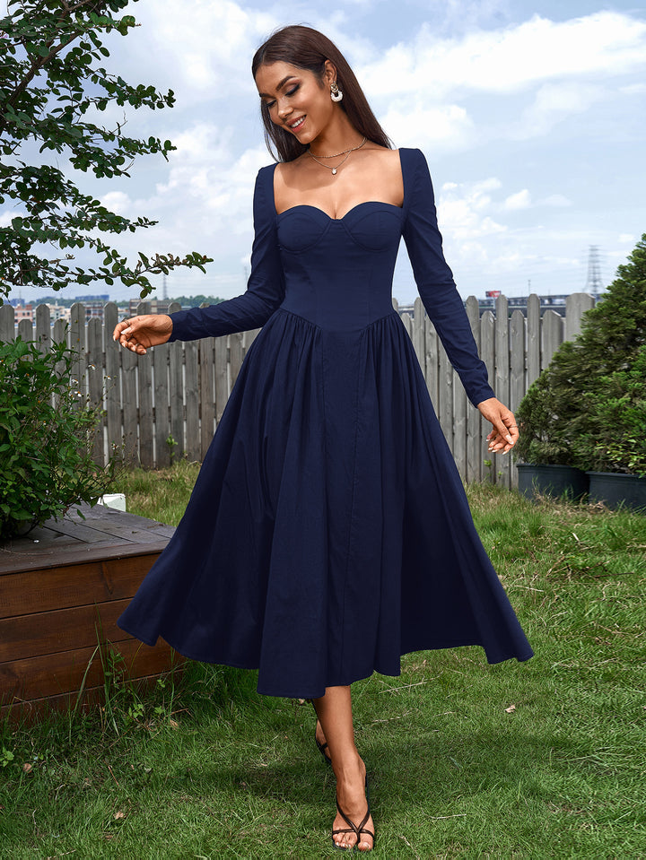 tie back a-line long sleeve dress#color_darkblue