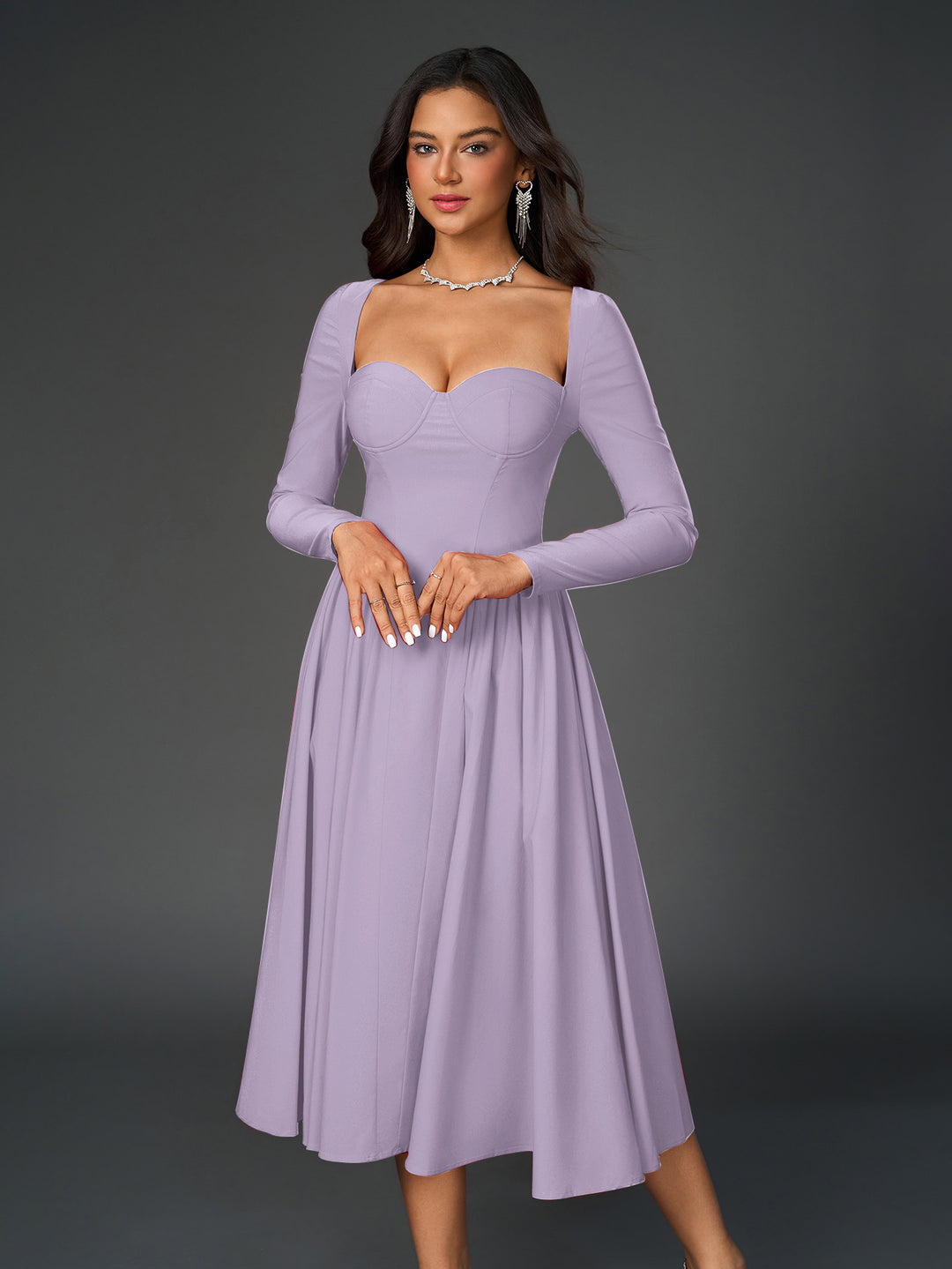 long sleeve tie back a-line dress#color_lilac