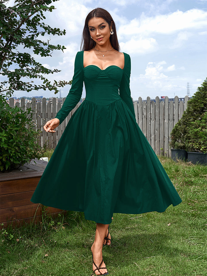 long sleeve tie back a-line dress#color_green