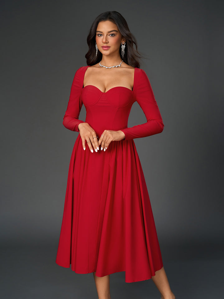 long sleeve tie back  a-line dress#color_red