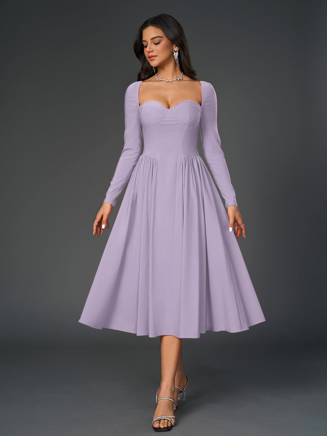 long sleeve a-line tie back dress#color_lilac