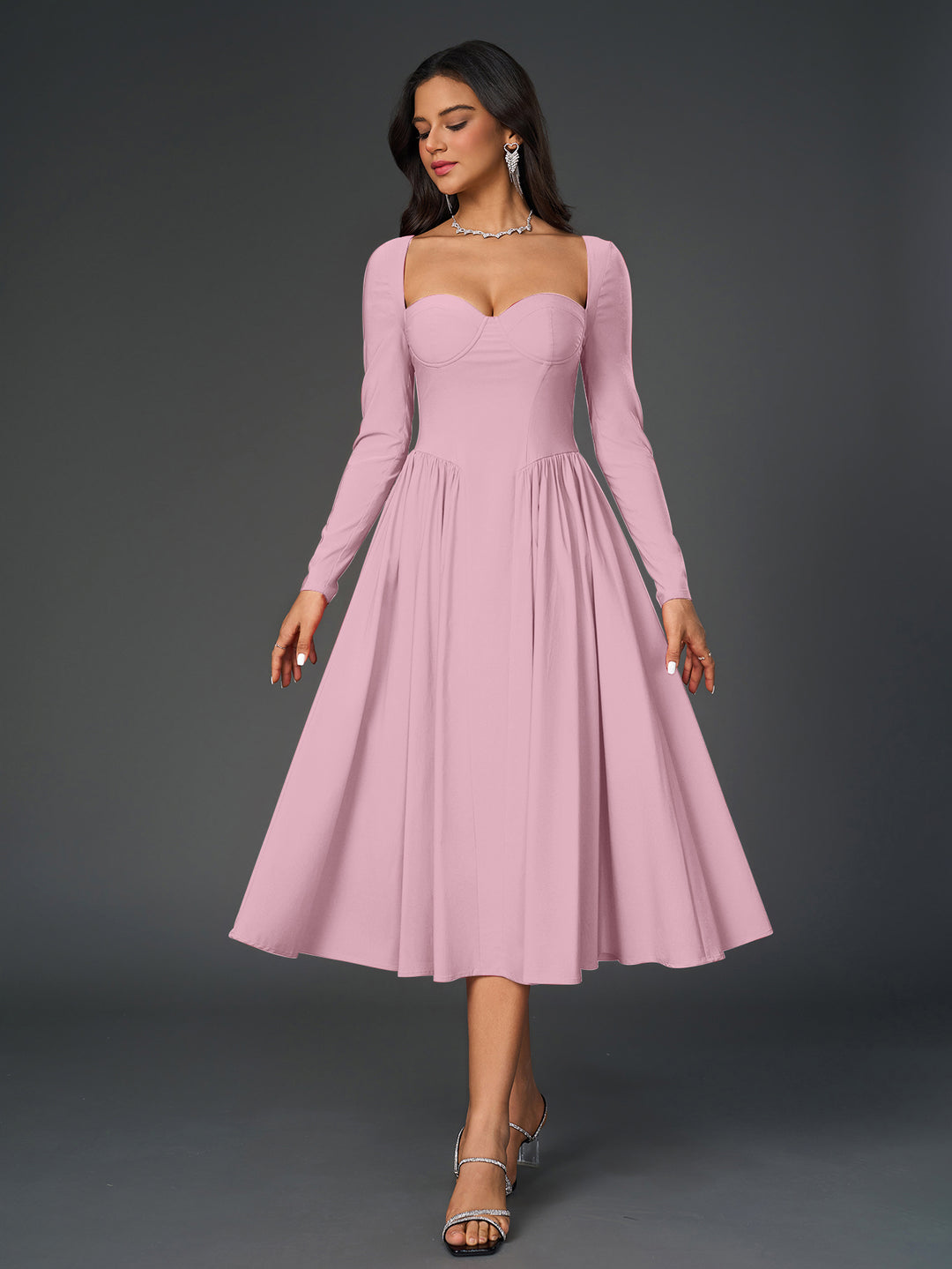 long sleeve a-line tie back dress#color_pink