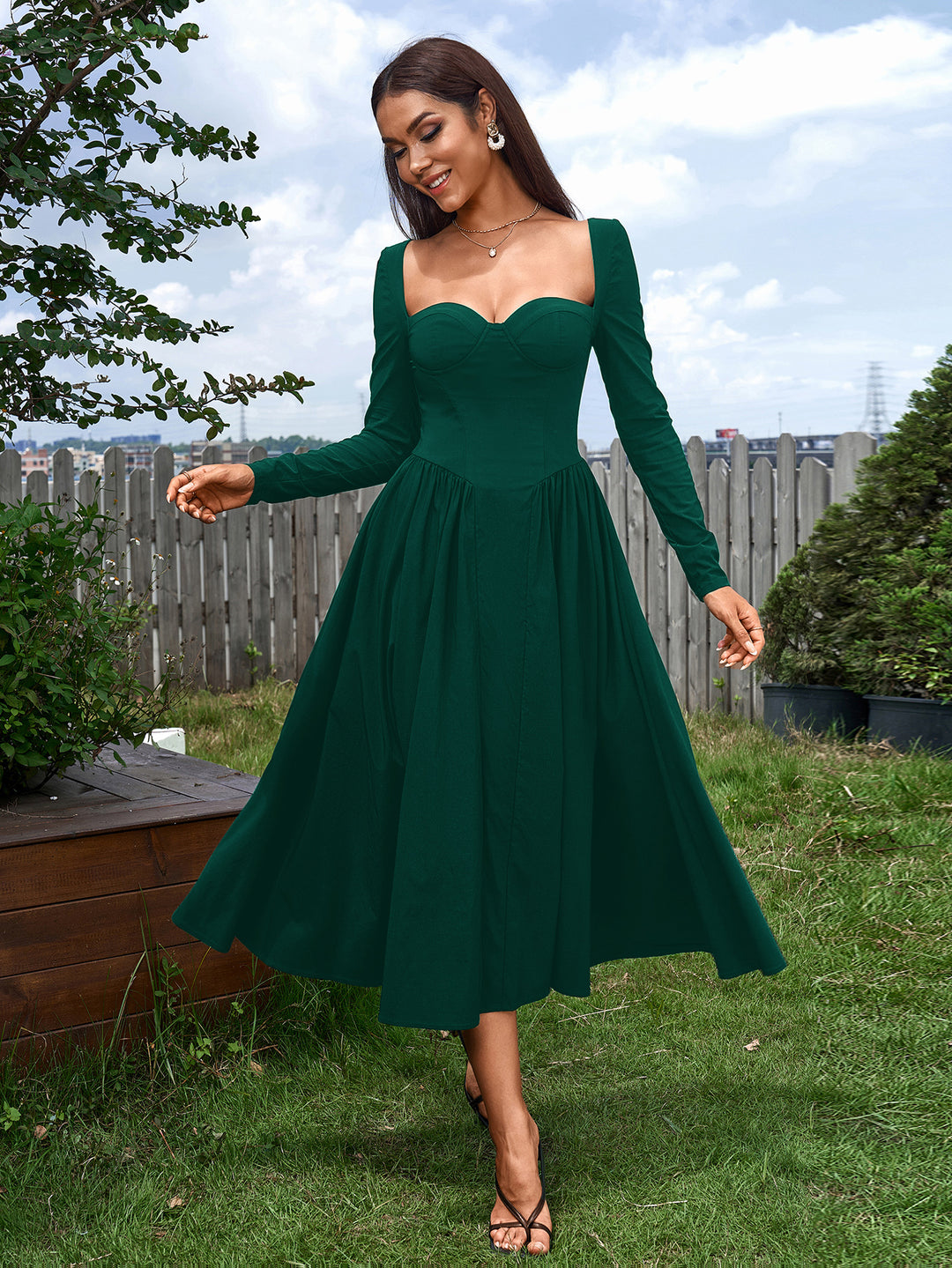 long sleeve a-line tie back dress#color_green