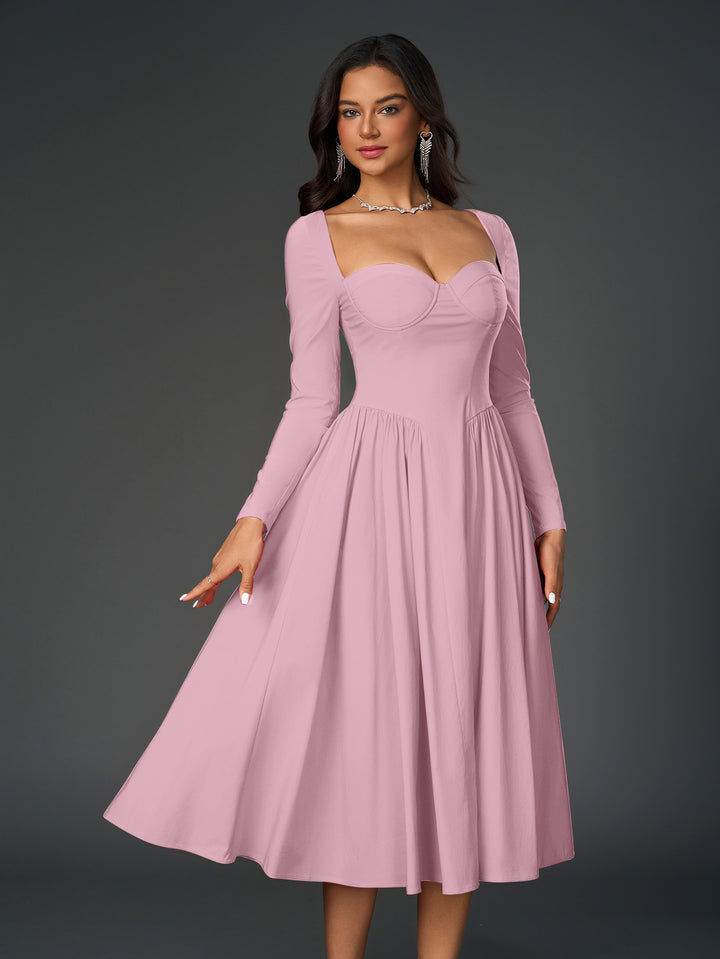 a-line long sleeve tie back dress#color_pink