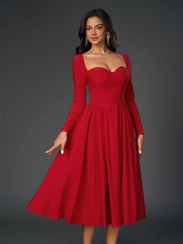 a-line long sleeve tie back dress#color_red