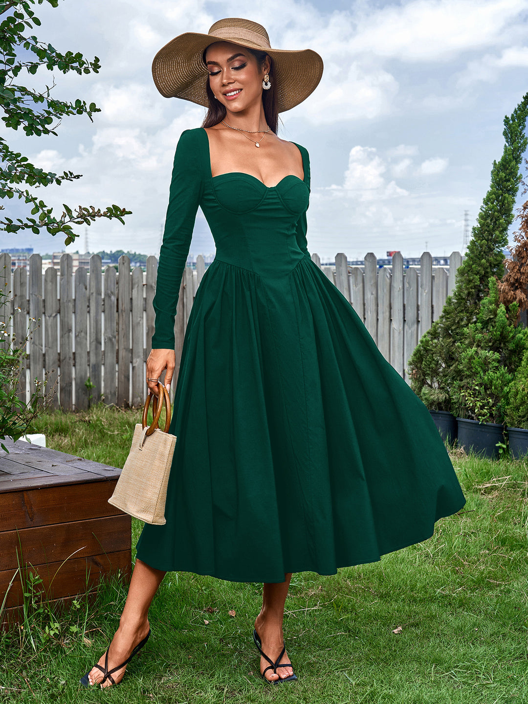 a-line long sleeve tie back dress#color_green