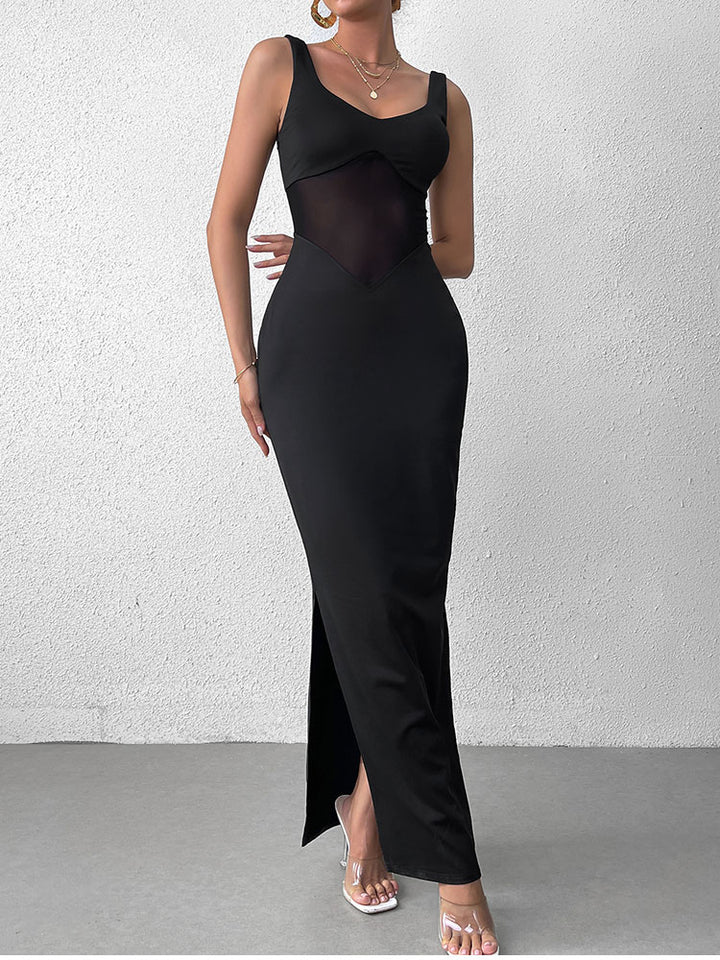 see through backless mesh patchwork bodycon dress#color_black