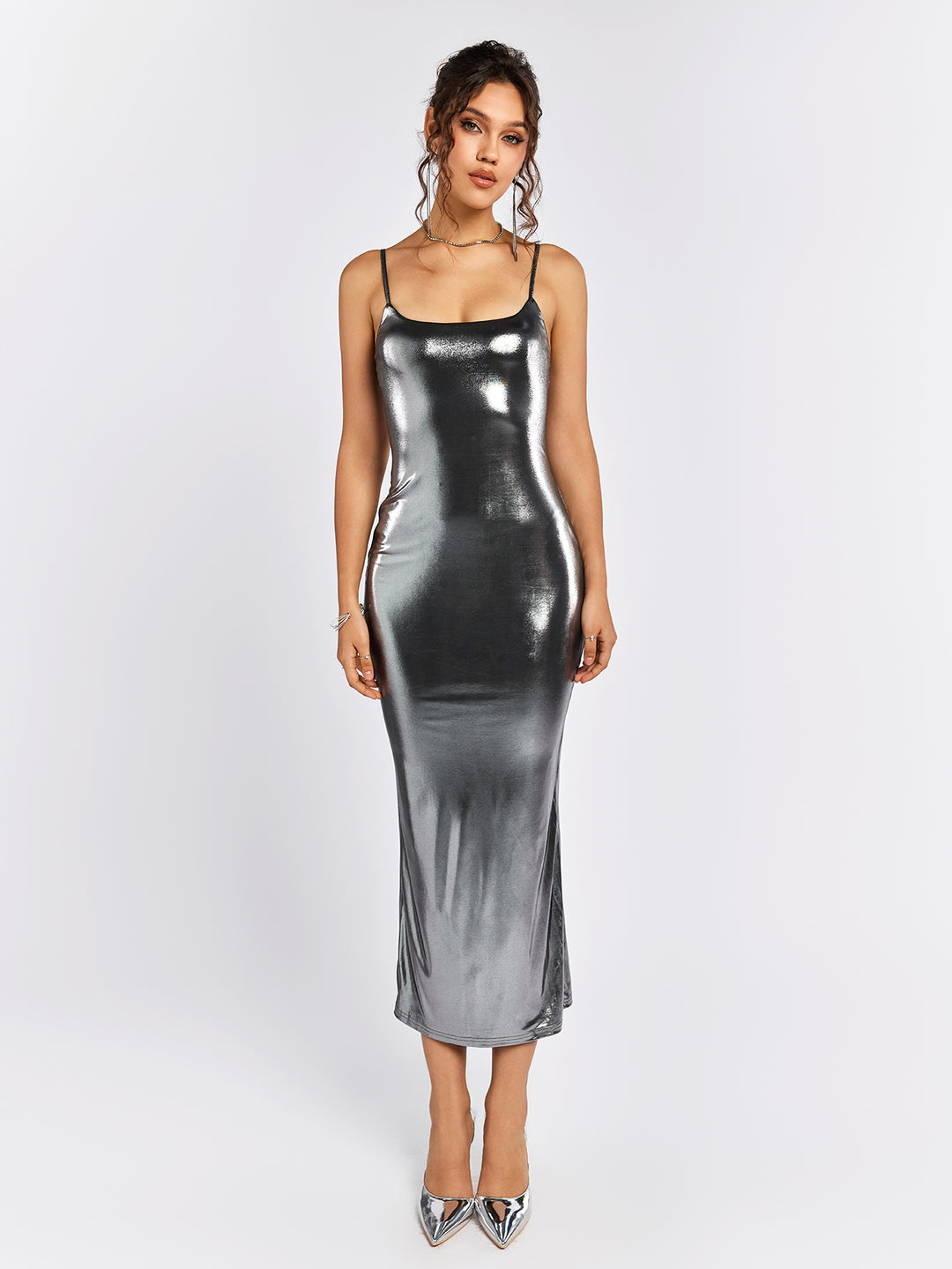 misty gold metallic fabric bodycon dress#color_grey