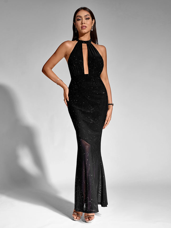 cut out mesh sequin o-neck mermaid dress#color_black