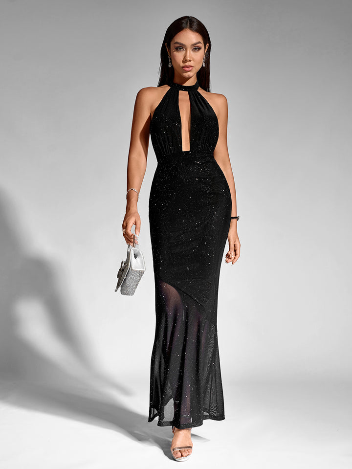 o-neck cut out mesh sequin mermaid dress#color_black