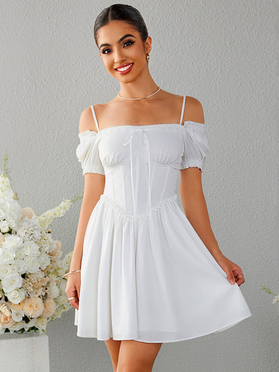 off shoulder crisscross tie back mini dress#color_white