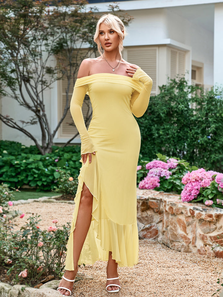 asymmetrical ruffle hem cut out off shoulder dress#color_yellow