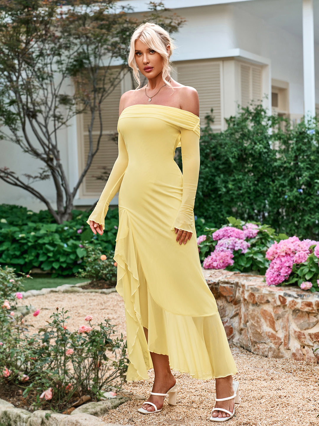 off shoulder asymmetrical ruffle hem cut out dress#color_yellow