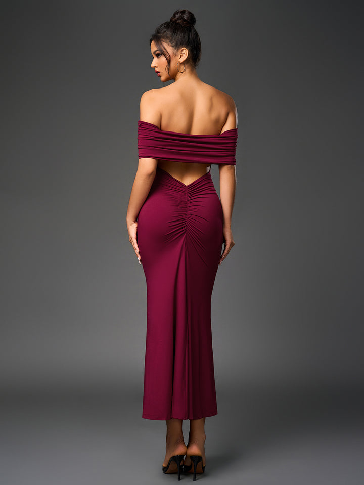 cut out back off shoulder ruched bodycon dress#color_wine