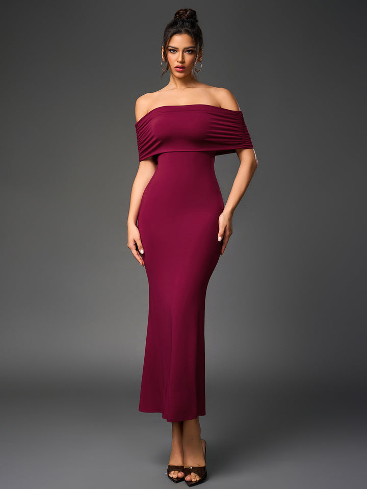 cut out back ruched off shoulder bodycon dress#color_wine