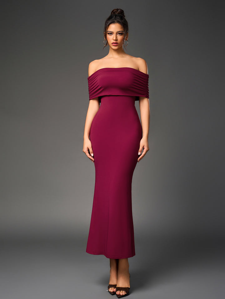 off shoulder cut out back ruched bodycon dress#color_wine