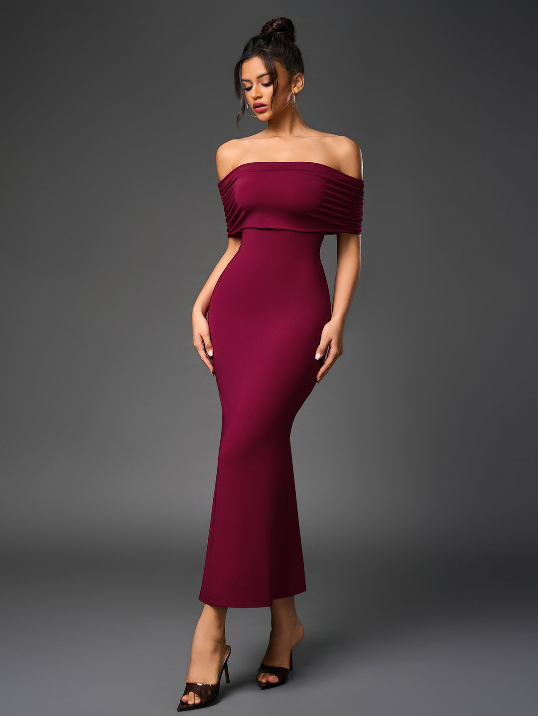 ruched off shoulder cut out back bodycon dress#color_wine