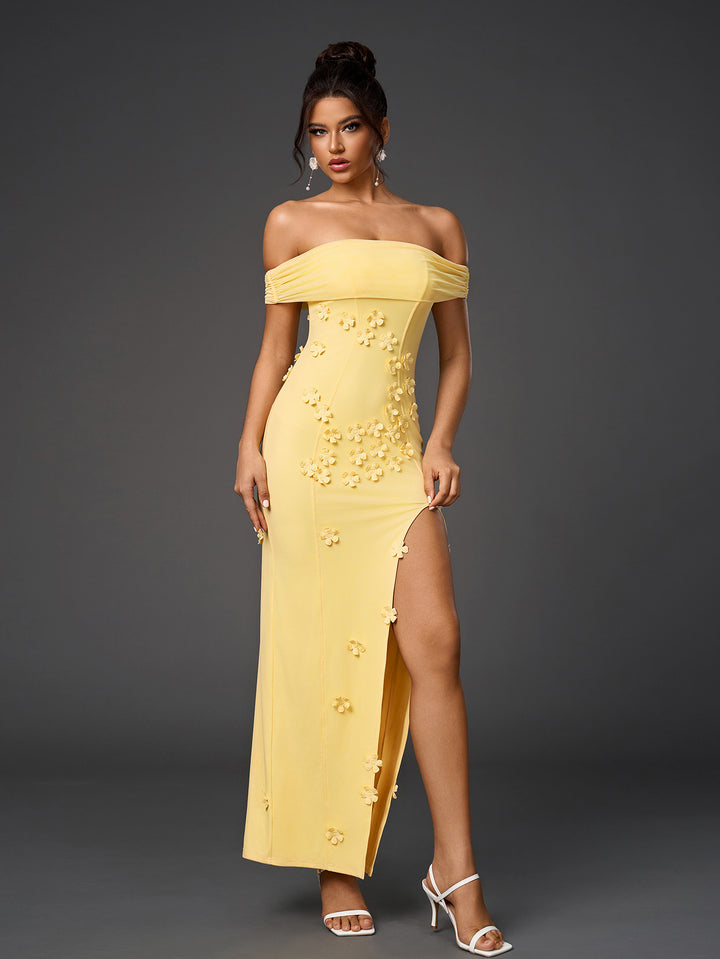 off shoulder split floral applique ecoration mesh dress#color_yellow