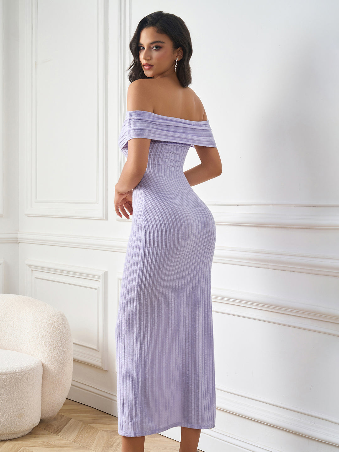 knitted off shoulder bodycon solid dress#color_purple