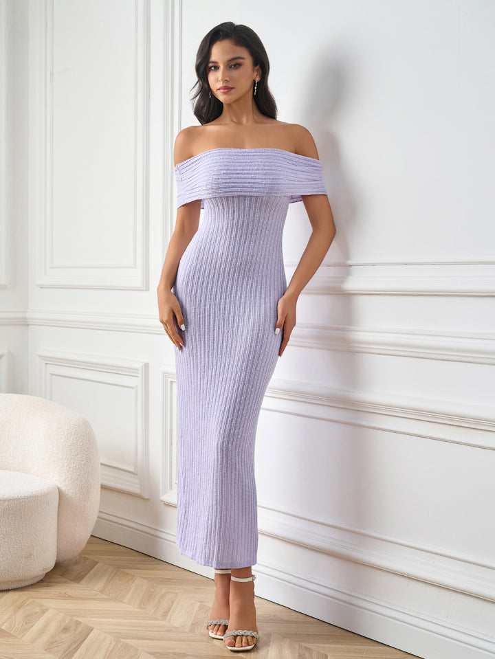 solid knitted off shoulder bodycon dress#color_purple