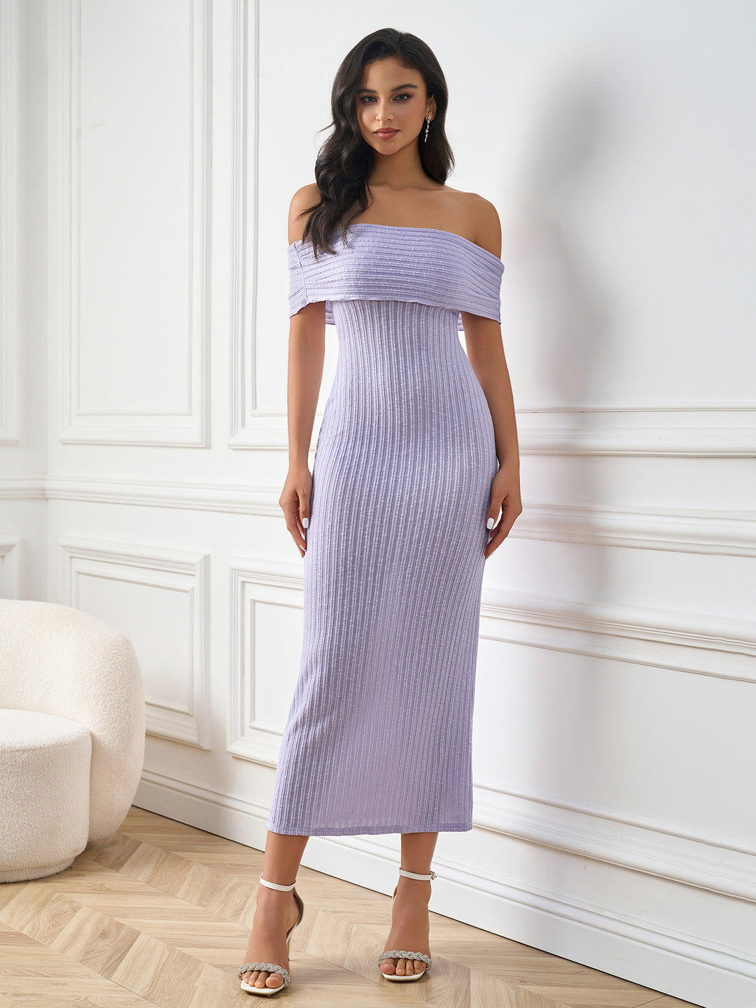 knitted solid off shoulder bodycon dress#color_purple