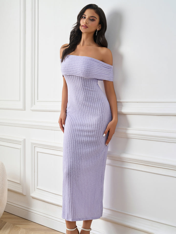 off shoulder knitted bodycon solid dress#color_purple