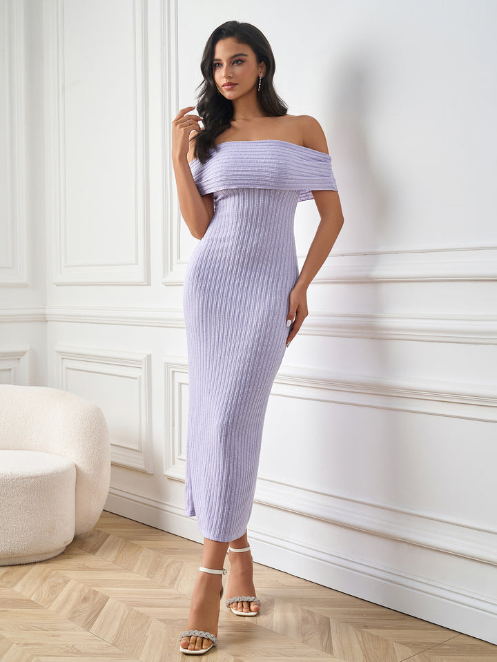 off shoulder solid knitted bodycon dress#color_purple