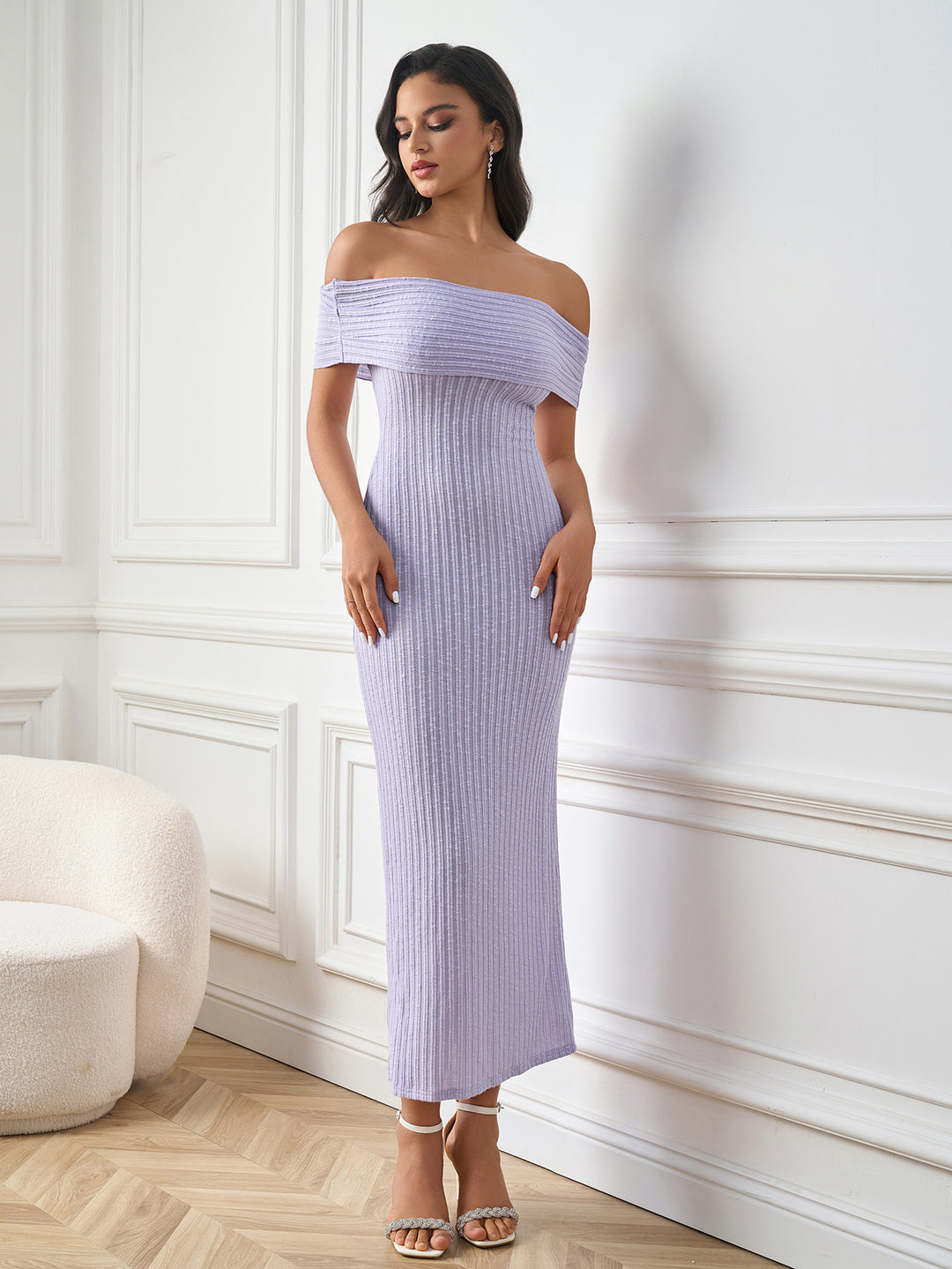 solid off shoulder knitted bodycon dress#color_purple