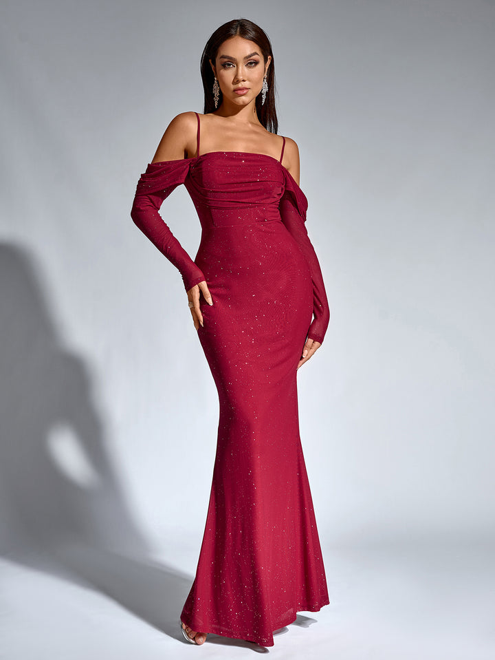 mesh sequin ruched bust off shoulder mermaid dress#color_wine