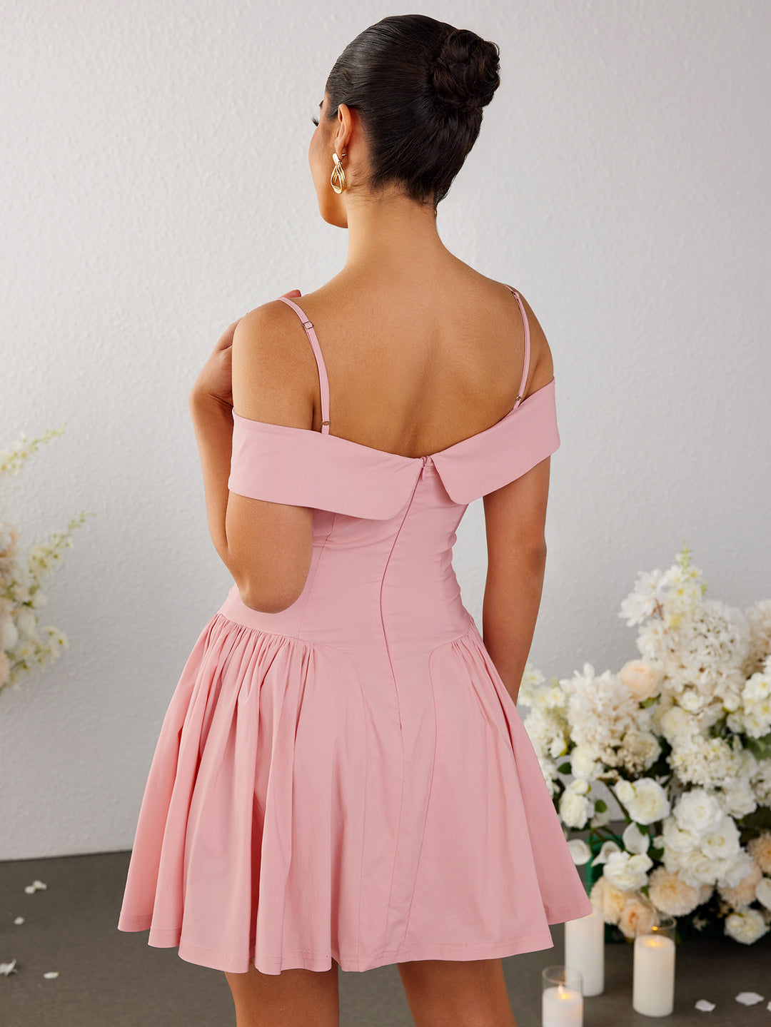 ruched off shoulder pleated dress#color_pink