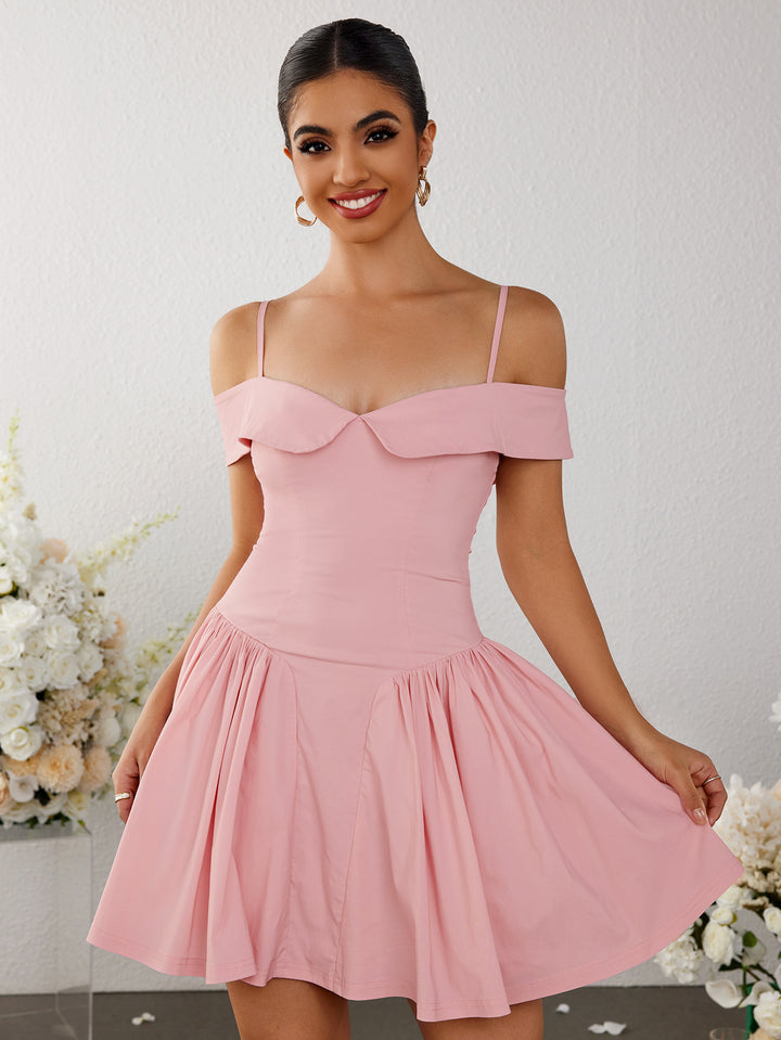 pleated ruched off shoulder dress#color_pink