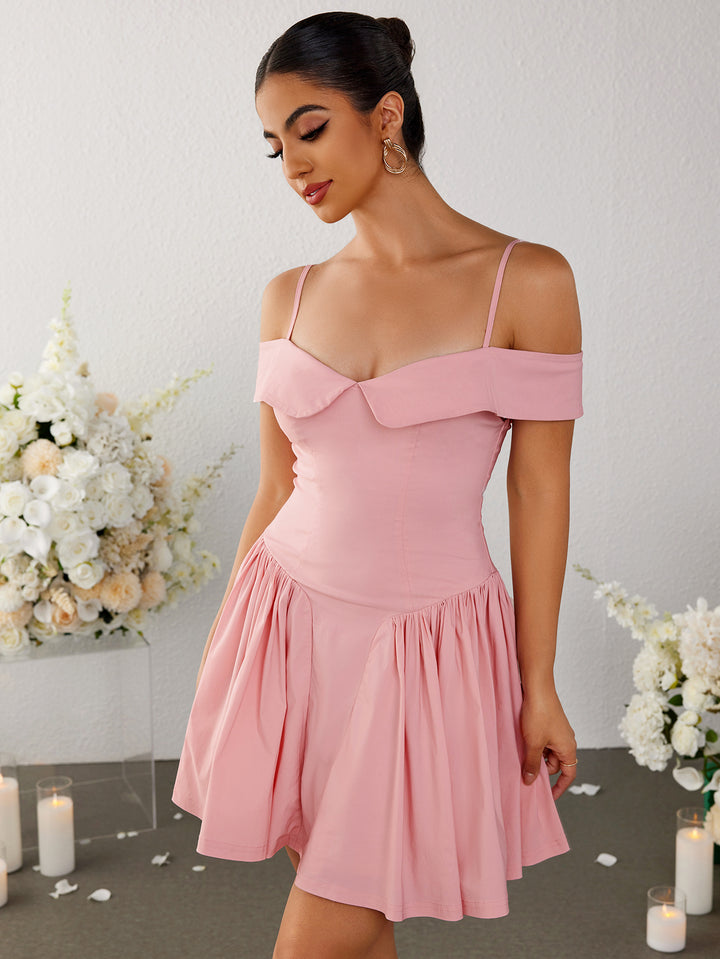 off shoulder ruched pleated dress#color_pink