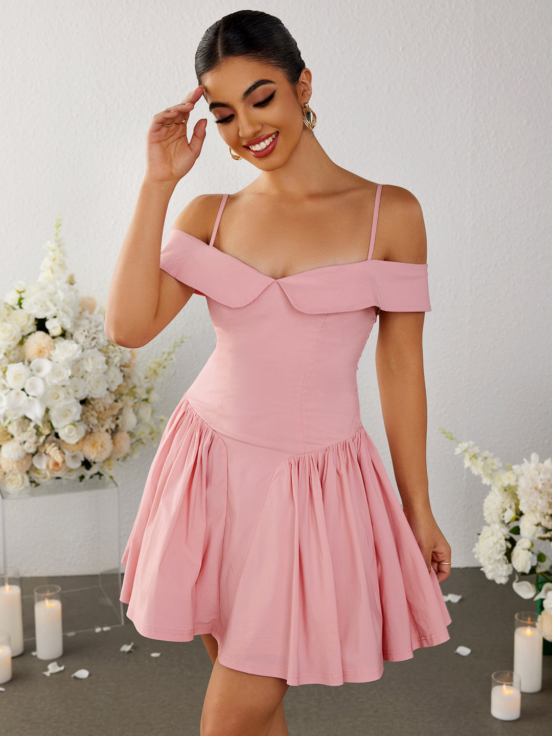 off shoulder pleated ruched dress#color_pink