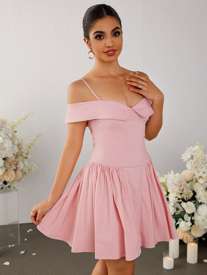 pleated off shoulder ruched dress#color_pink