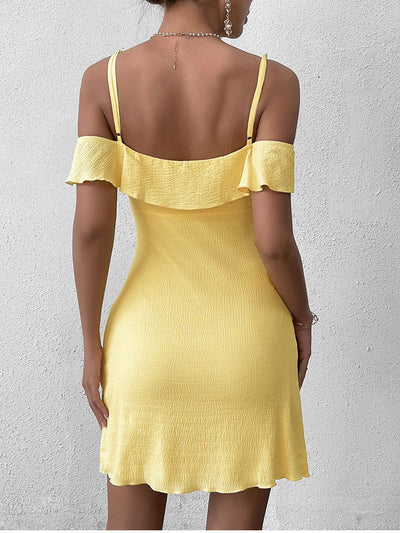 ruched ruffle off shoulder cami bodycon dress#color_yellow