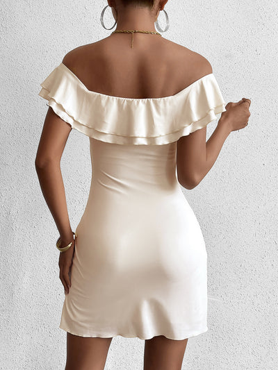 ruched off shoulder twist front mini dress#color_ivory
