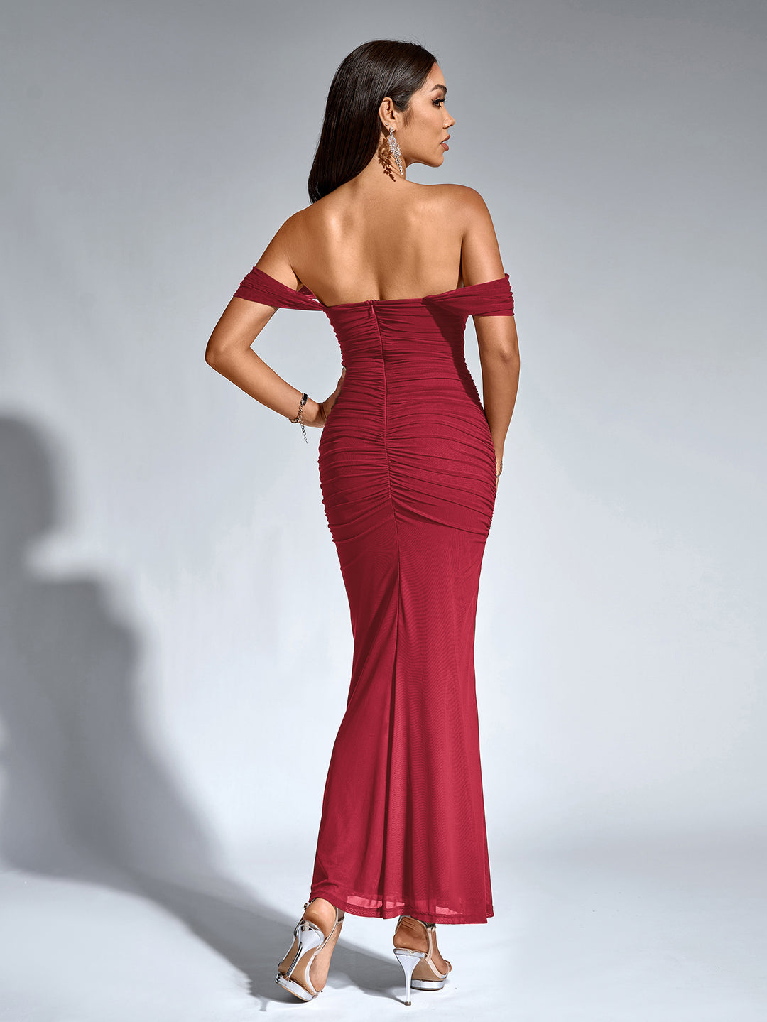 ruched off shoulder zipper back bodycon dress#color_wine