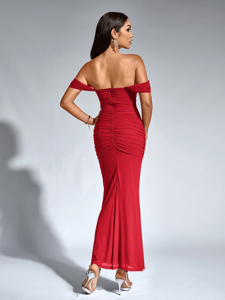 ruched off shoulder zipper back bodycon dress#color_red