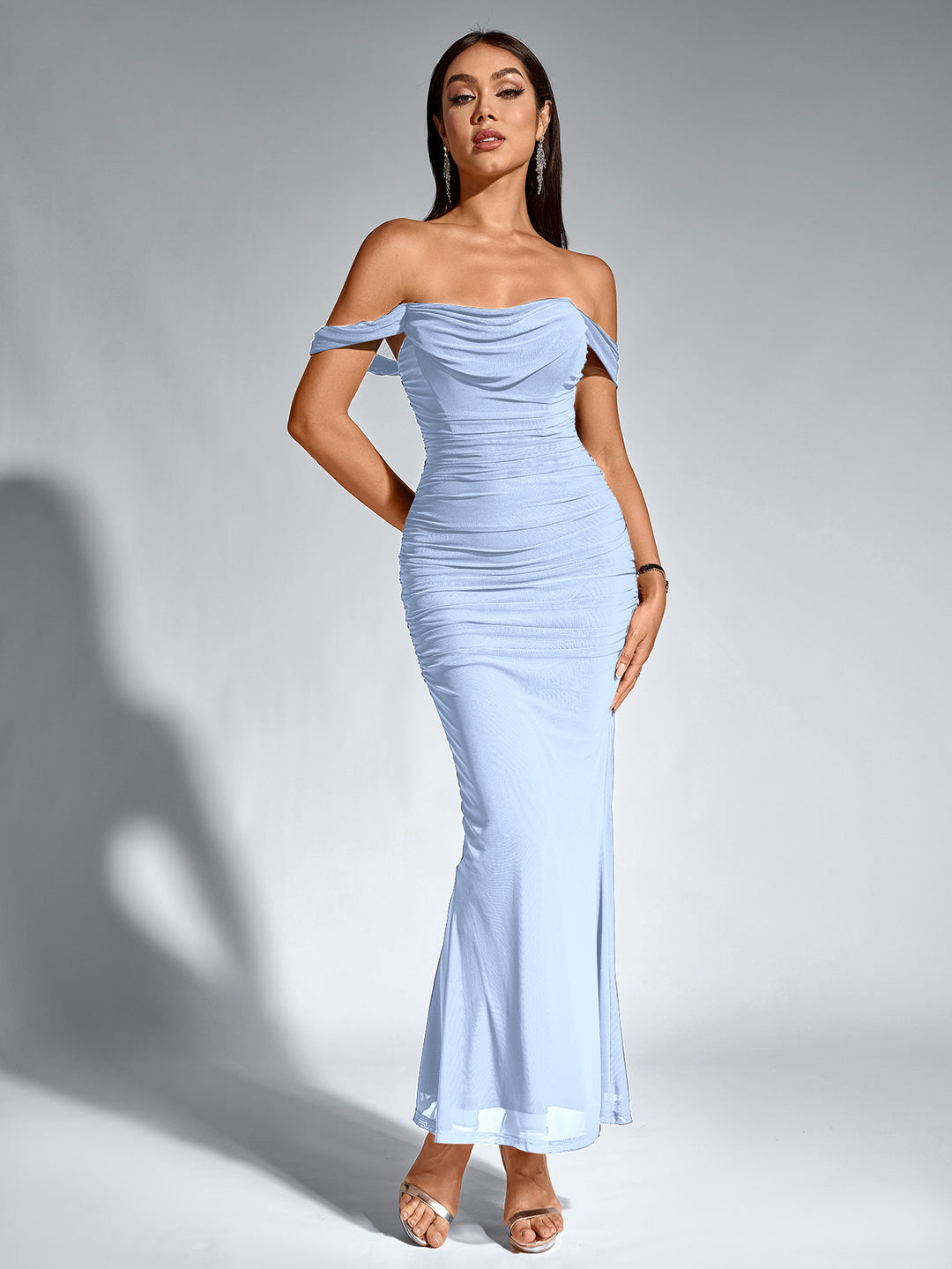 ruched zipper back off shoulder bodycon dress#color_blue