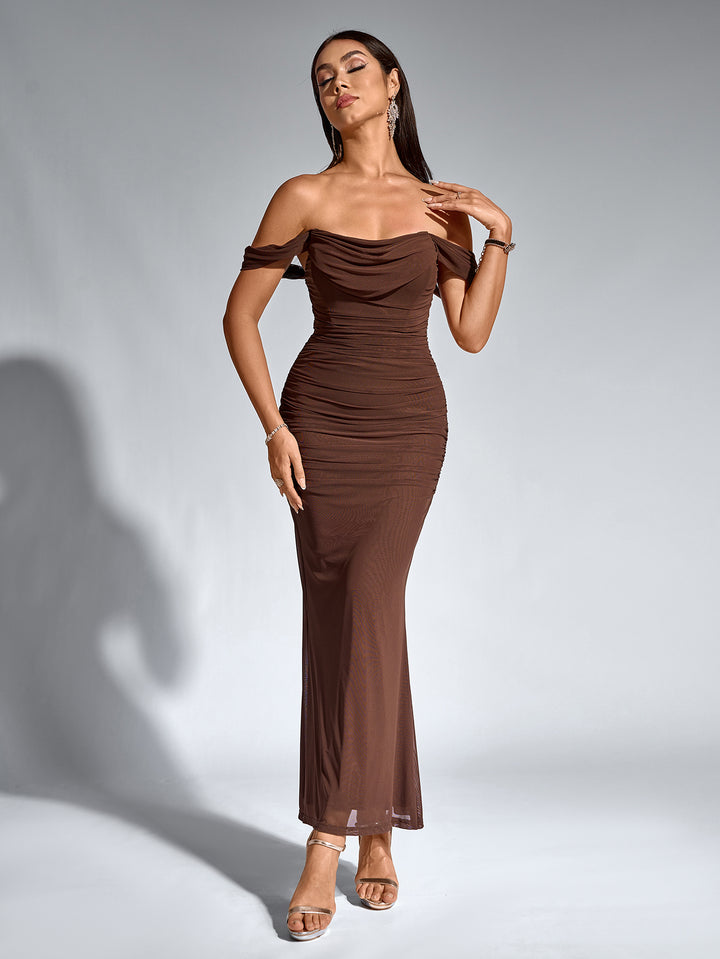 off shoulder ruched zipper back bodycon dress#color_brown