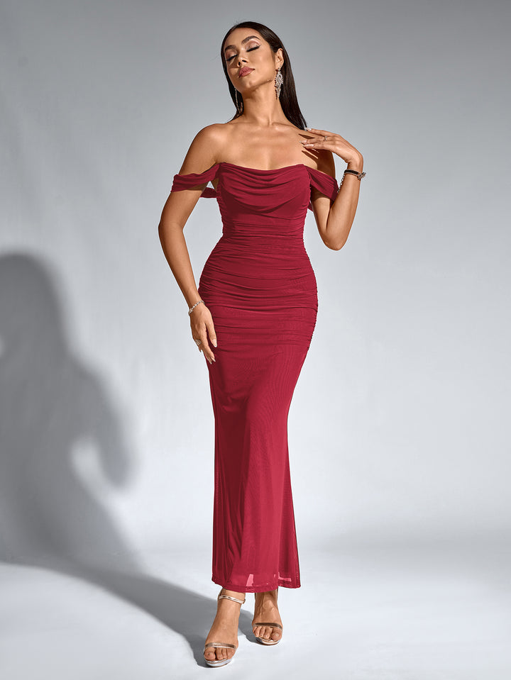 off shoulder ruched zipper back bodycon dress#color_wine