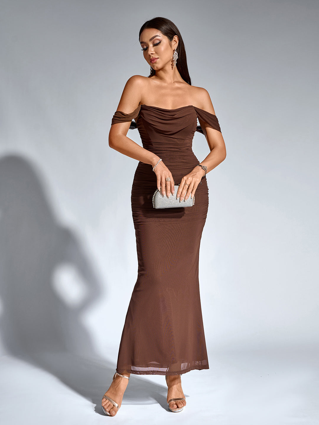 off shoulder zipper back ruched bodycon dress#color_brown