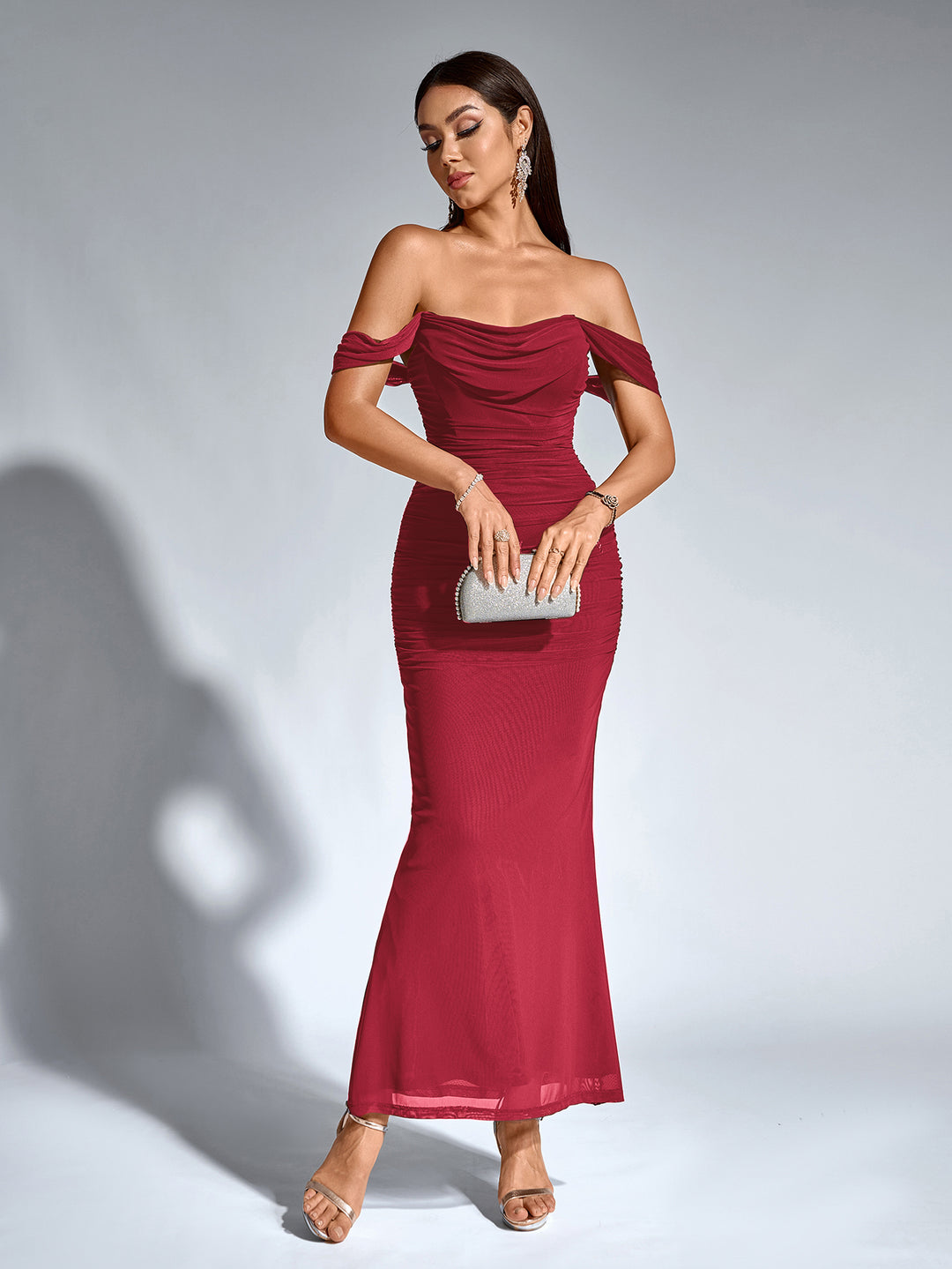 off shoulder zipper back ruched bodycon dress#color_wine